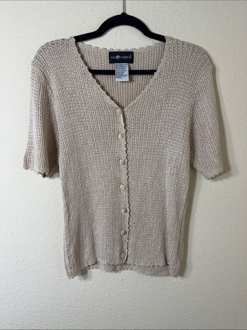 VTG 90s Sage Harbor Open Knit Cardigan Sweater Top Small S Beige Crochet Ruffle